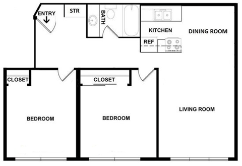 Floor plan for 2 beds, 1 bath, 850 sqft